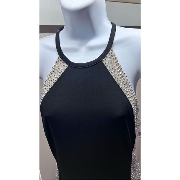 XSCAPE BEAUTIFUL LONG EVENING DRESS WOMENS SIZE 6 BLACK RHINESTONES TRIM NEW - Picture 3 of 11